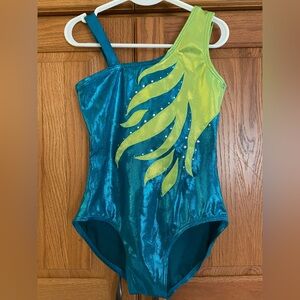 Balera Rhinestone Flame Swirl Teal and Lime Green Asymmetrical Leotard Size IC